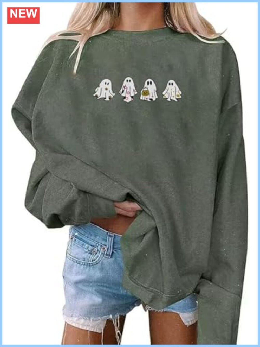 Women Halloween Ghost Oversized Crewneck Sweatshirt Cotton Blend
